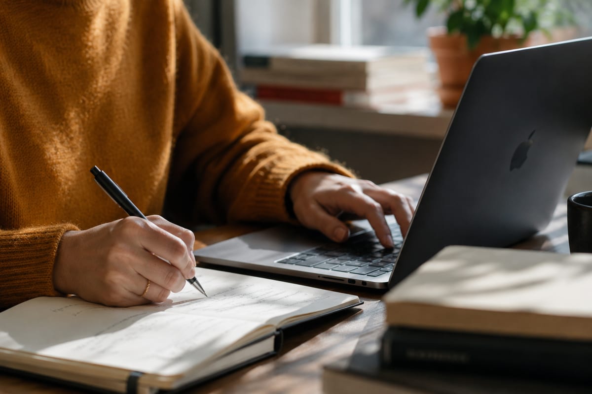 A writer at a desk in warm daylight, one hand writing in an open notebook, the other resting on a laptop keyboard.