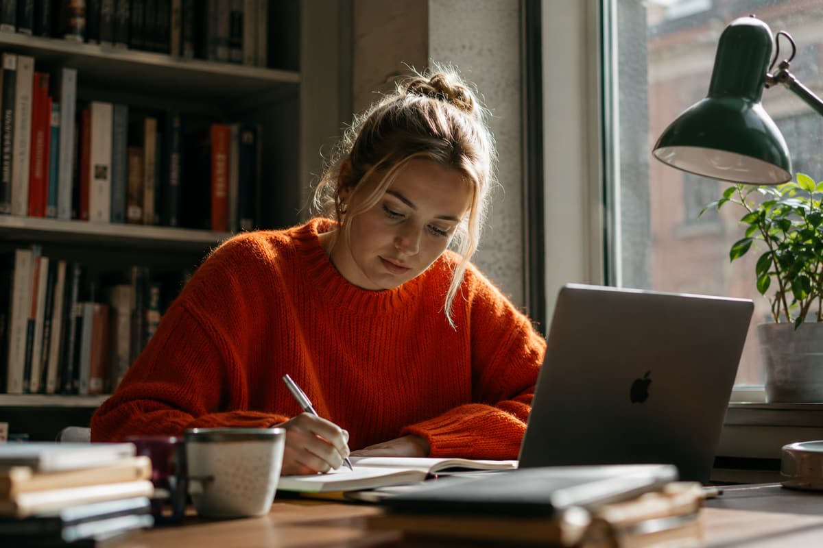 A student writing in a notebook at a desk by a window, a laptop open beside her and shelves of books behind.