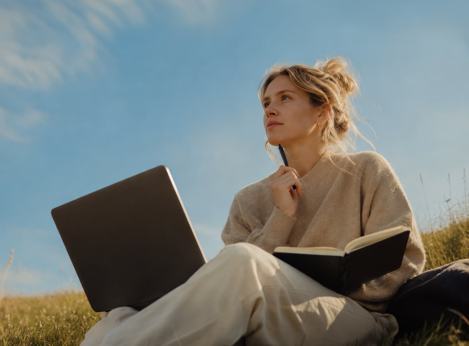 A person writing in a notebook outdoors with a laptop nearby.