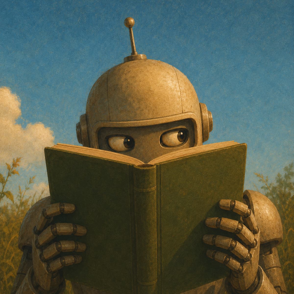 A tin robot sitting in tall grass under a summer sky, holding an open book up to its face.